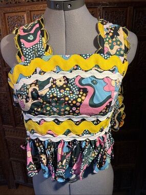 CeliaB Frida Multicolor Ruffle Crop Top with Yellow Trim